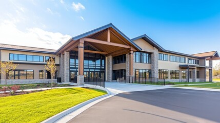 Obraz premium Modern architectural design of a spacious building with large windows and landscaped surroundings