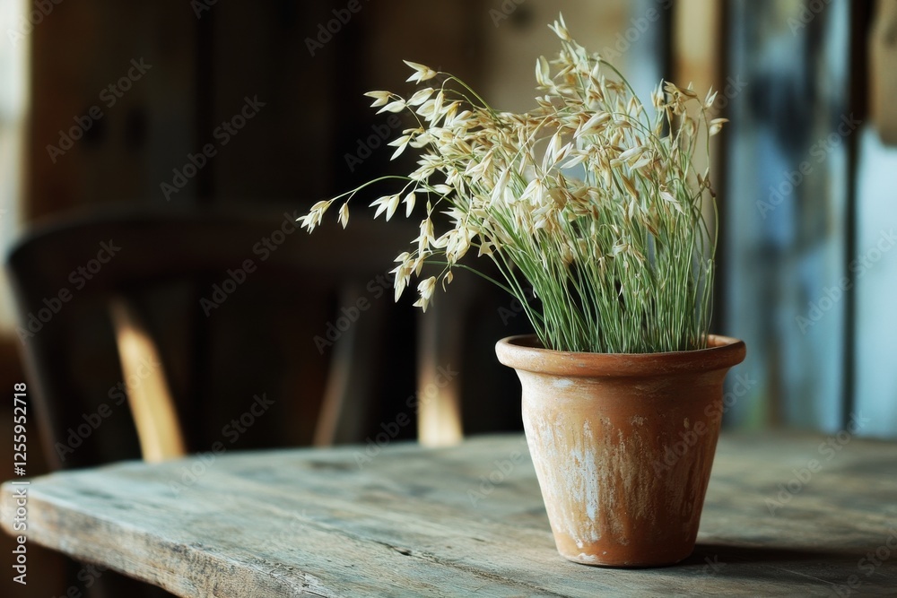 Poster simple pot of dried grass sits on a rustic wooden table in a cozy indoor setting