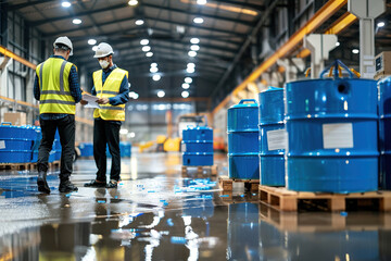Warehouse aisle lined with plastic chemical containers, two employees reviewing clipboard notes attentively