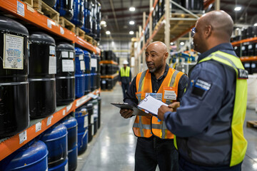Storage racks filled with liquid chemicals, safety labels visible, workers engaged in conversation nearby
