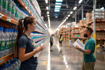 Storage racks filled with liquid chemicals, safety labels visible, workers engaged in conversation nearby