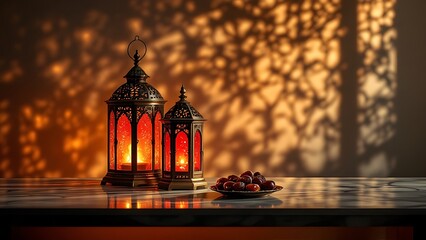 Fototapeta premium Ornamental Arabic lanterns with burning candles glowing at night. Plate with date fruit on the table. Festive greeting card, invitation for Muslim holy month Ramadan Kareem. Iftar dinner background.