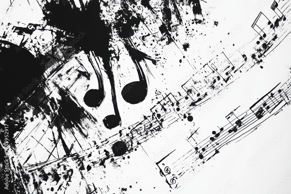 Poster abstract representation of music notes and splashes in black and white showcasing artistic creativit