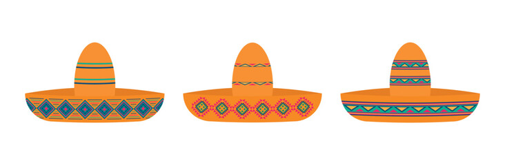 Set of Mexican sambrero hats with ornaments. Isolated vector illustration in flat style.