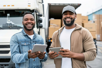Truck driver and surveyor collaborate outside warehouse, consulting tablet for efficient, precise route planning