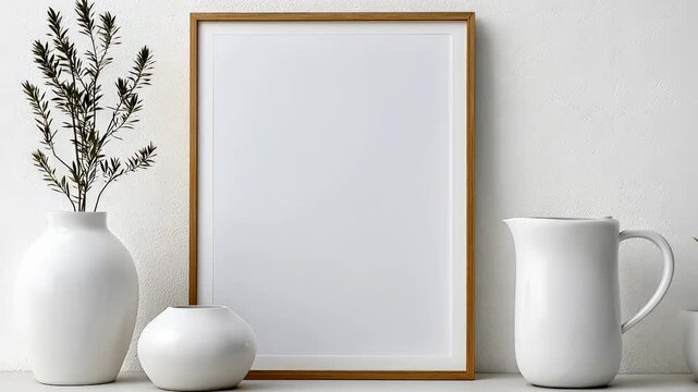 Wooden frame mockup poster standing on wooden table with houseplants, cosmetics and white containers video 4k