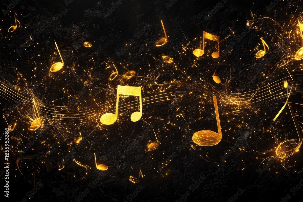 Fototapete Golden musical notes swirl through a dark background creating a captivating visual symphony of sound and light
