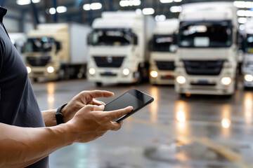 Modern warehouse interior featuring experienced manager analyzing tablet, orchestrating truck deliveries and storage operations