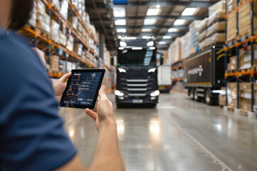 Truck driver and administrator collaborate in warehouse environment, consulting tablet for efficient route planning