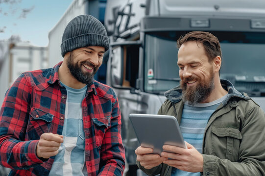 Truck driver and administrator collaborate in warehouse environment, consulting tablet for efficient route planning