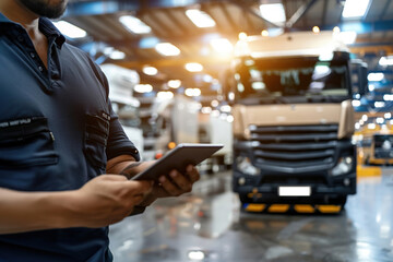 Warehouse scene displaying senior manager coordinating tablet commands, scheduling trucks and organizing inventory