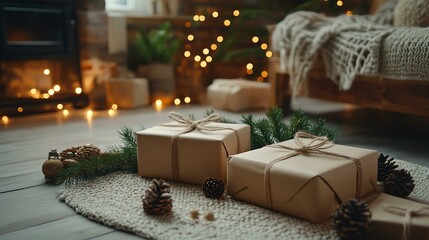 Cozy holiday setting with gift packages.