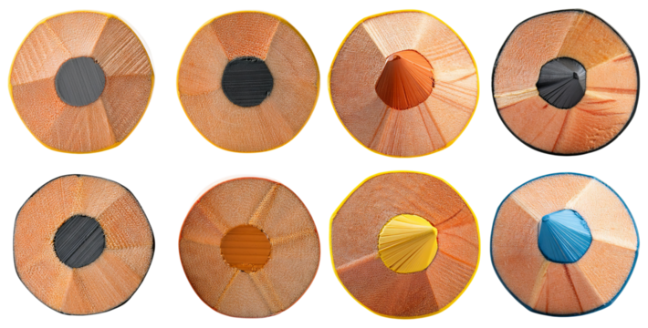 Close-Up View of Colorful Pencil Tips Arranged in a Grid Pattern, isolated on transparent background