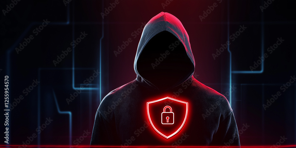 Poster Hacker protecting personal data with cyber security shield and hidden face