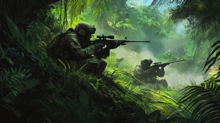 Jungle Warfare: Camouflaged Soldiers in Dense Foliage