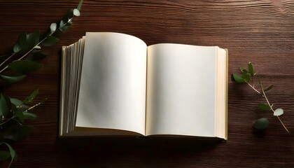 Fototapeta premium Open blank book on wooden table with soft natural lighting