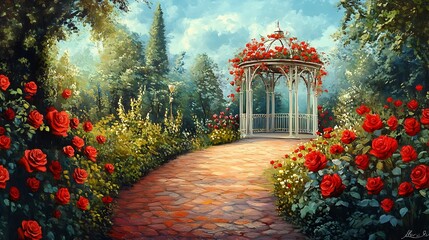 Obraz premium Serene garden path, vibrant flowers alongside a charming gazebo, inviting atmosphere perfect for relaxation and gatherings.