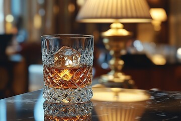 Amber liquid on the rocks in a crystal glass sitting on a reflective surface with a soft golden light illuminating the background