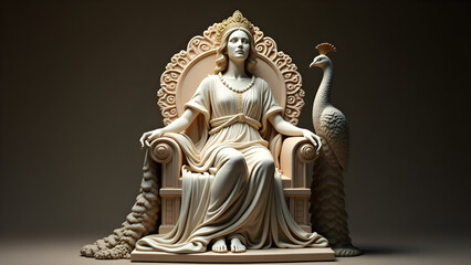 Fototapeta premium A majestic statue of Juno, the Roman queen of the gods, seated on an ornate throne with a regal peacock beside her. Symbolizing power, marriage, and divinity, the sculpture exudes elegance.