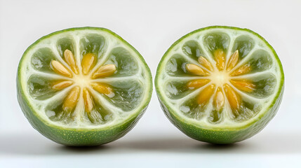 Photo - Sliced Lime Fruit Halves, Seeds, Citrus, Green, Yellow, Fresh, Close-up, Macro, White Background