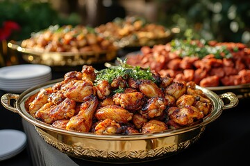 Delicious chicken wings served in golden bowls garnished with fresh herbs creating an appetizing buffet spread