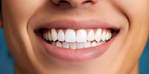 Fototapeta premium Woman showing perfect teeth and gums smiling on blue background