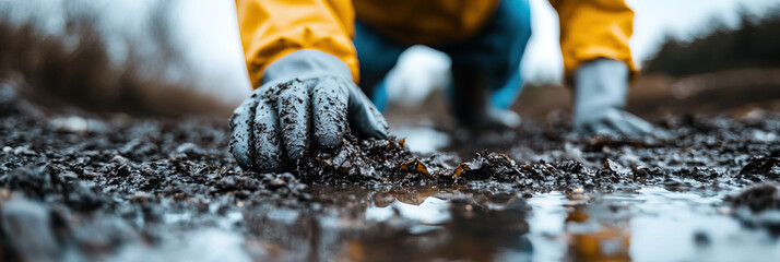 Person in Protective Gear Examining Contaminated Soil
