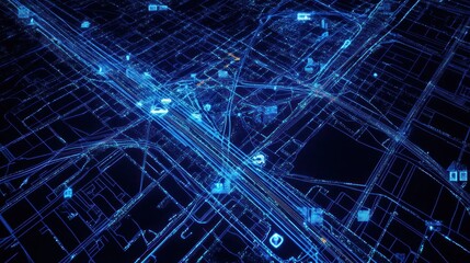 Futuristic Cityscape: Digital Blueprint of Urban Network in Blue Light