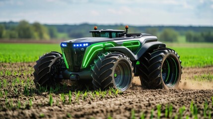 Obraz premium Autonomous tractor working on a field during sunset: embracing future of farming
