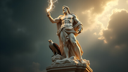 Fototapeta premium A majestic statue of Jupiter, the Roman god of thunder and sky, wielding a lightning bolt. An eagle perches beside him as storm clouds gather, symbolizing his divine power and authority.