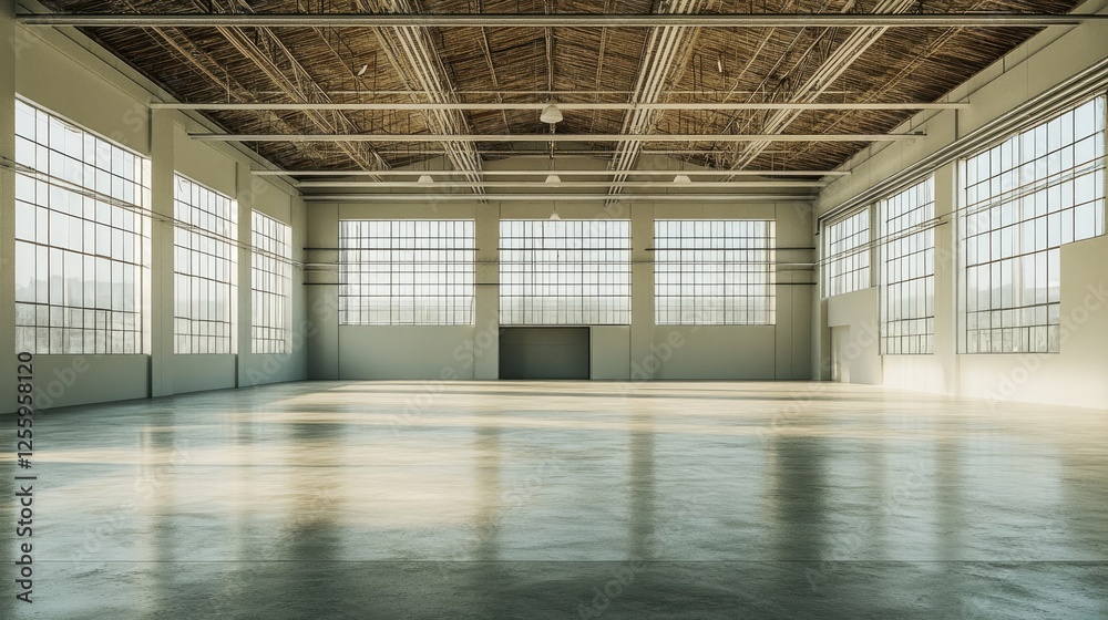 Poster an empty warehouse setting with a minimalistic design, emphasizing vast open areas and high ceilings
