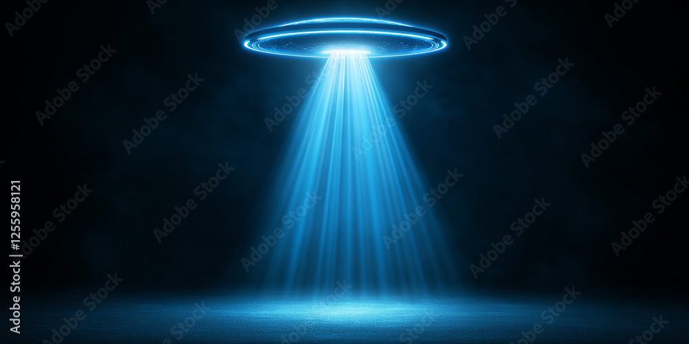 Aufkleber Unidentified flying object hovering and projecting light beams in dark space