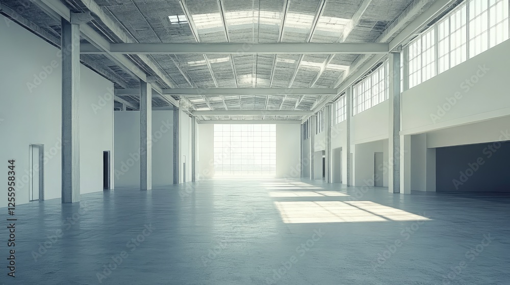 Poster an empty warehouse setting with a minimalistic design, emphasizing vast open areas and high ceilings