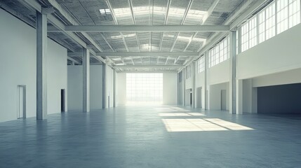 Obraz premium An empty warehouse setting with a minimalistic design, emphasizing vast open areas and high ceilings, perfect for creative studio or event space