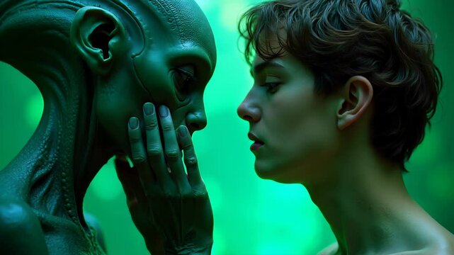A human and an alien share an intense, intimate moment in a glowing green environment, symbolizing connection, understanding, and interspecies communication