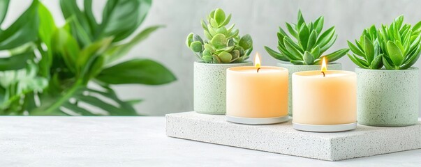 Mental health wellness journaling concept. A serene arrangement of candles and succulent plants, creating a calming and stylish ambiance for home decor.