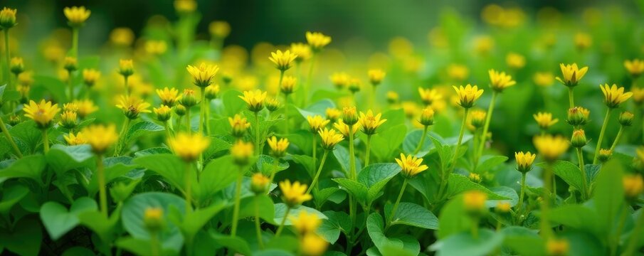 Dense thicket of tribulus terrestris with tiny yellow flowers, foliage, wildflowers, tribulus terrestris