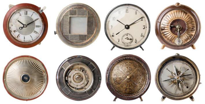 Vintage Clock Collection with Unique Designs and Styles, isolated on transparent background
