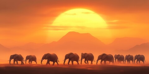 Fototapeta premium Herd of elephants walking across a field in front of a sunset