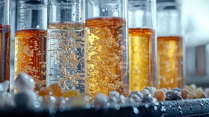 Effervescent bubbles in lab glassware with natural crystals and minerals
