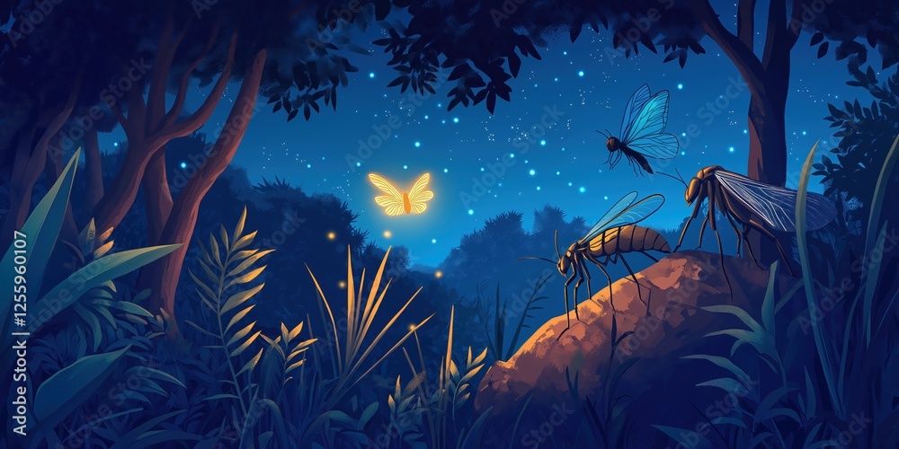 Wall mural computer generated image of a forest at night with a butterfly and a dragonfly