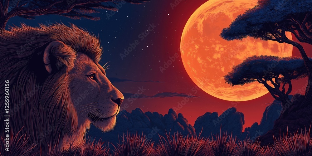 Wall mural lion is standing in front of a large red moon