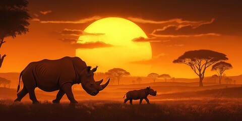 Fototapeta premium Rhino and a baby rhino are walking in a field with a large sun in the backgrou