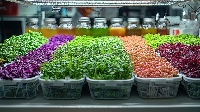 Colorful array of hydroponic microgreens cultivated indoors under led lights for urban gardening enthusiasts