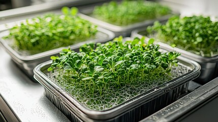 Thriving microgreens in indoor hydroponic garden trays for urban farming and sustainable nutrition
