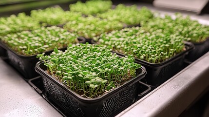 Fresh microgreens growing in trays in indoor farm setting: sustainable urban agriculture trends