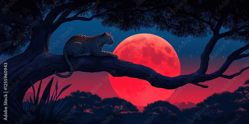 Wall mural leopard is sitting on a tree branch in front of a red moon