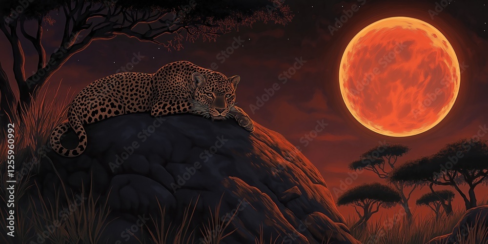 Wall mural leopard is laying on a rock in front of a red moon