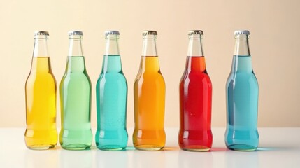 A row of vibrant colorful carbonated beverages in glass bottles, showcasing a spectrum of hues, ready for refreshment