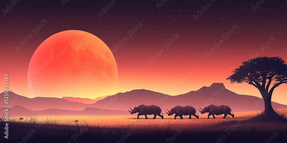 Wall mural group of three rhinos are walking across a field in front of a large red moon